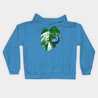 Blue Morpho Butterfly on a Monstera Albo Leaf Kids Hoodie